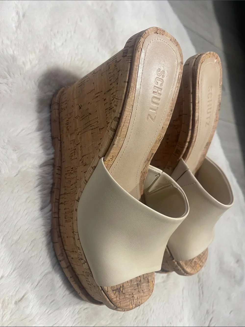 SCHUTZ Cream Leather Cork Wedge Slide Sandals